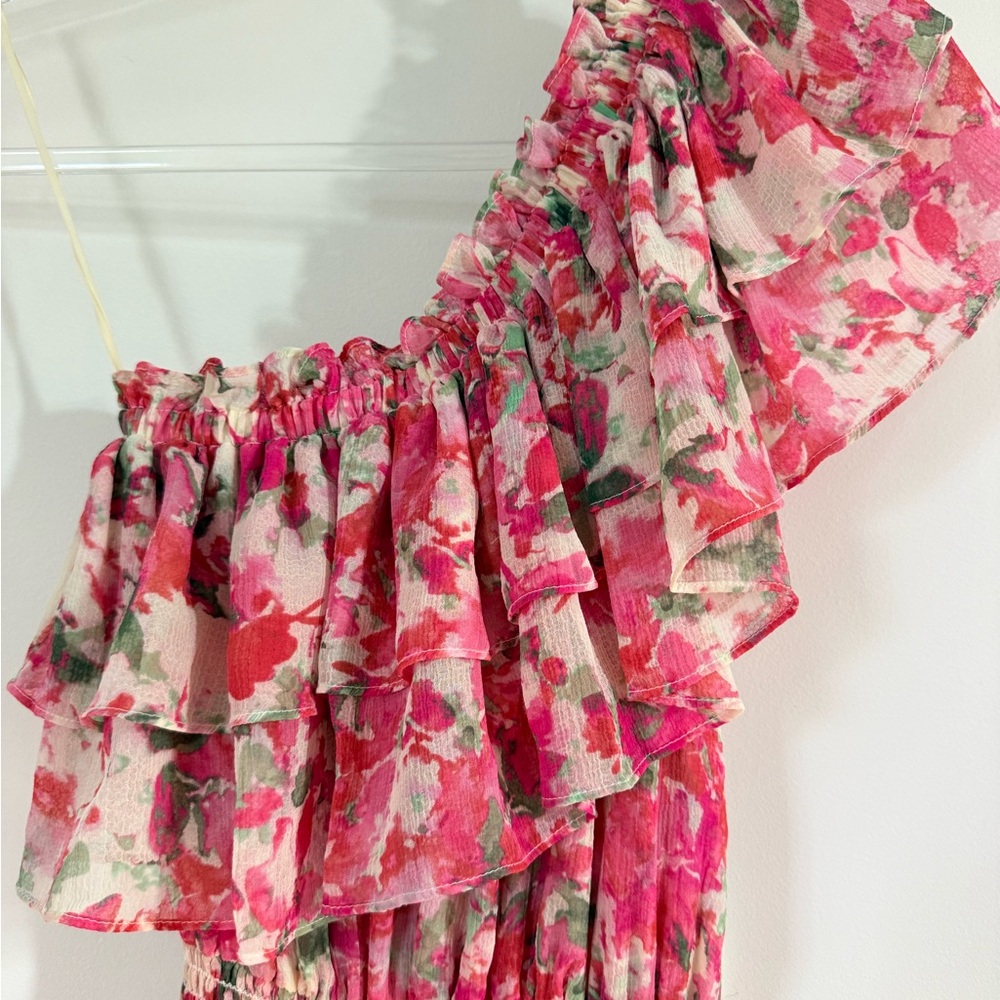 MISA Rumi One shoulder Floral high low Pink Ruffle dress